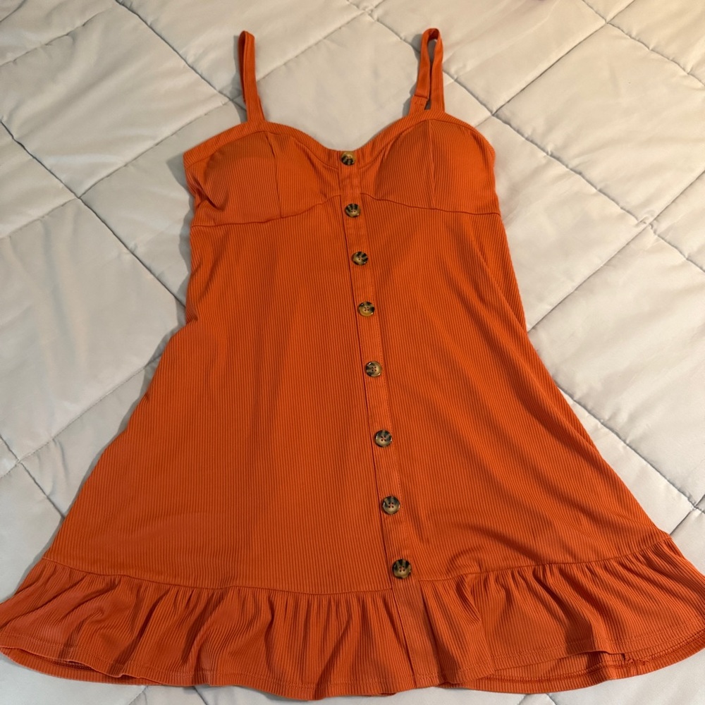 Rust Orange Button-Front Ruffle-Hem Dress – XL (15–17) - Picture 7 of 9